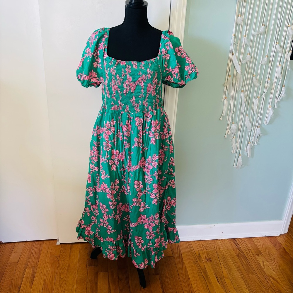 J Crew Floral Green and Pink Women's Dress large
